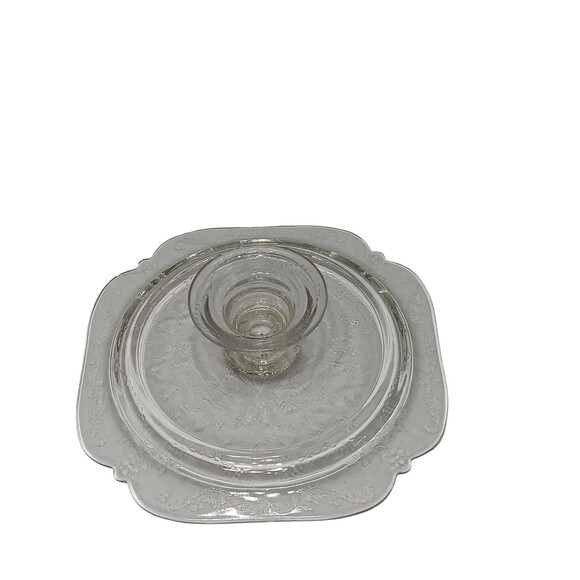 Vintage Depression Glass Cake Stand Clear Etched Square Pedestal Plate, 1930s - Picture 3 of 7